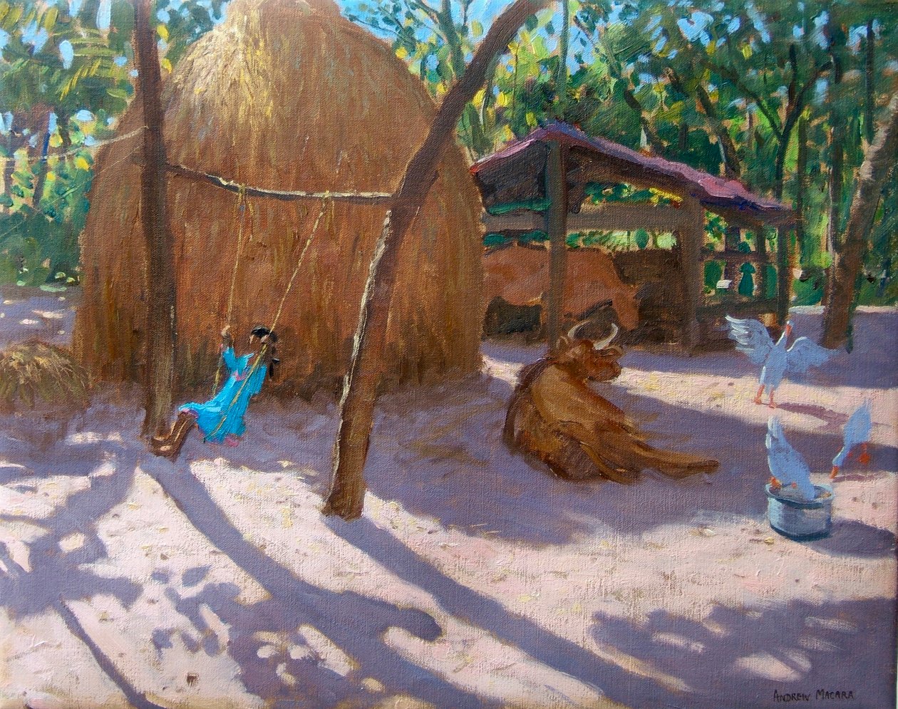 Höstack och flicka på en gunga, Kerala (olja på duk) av Andrew Macara