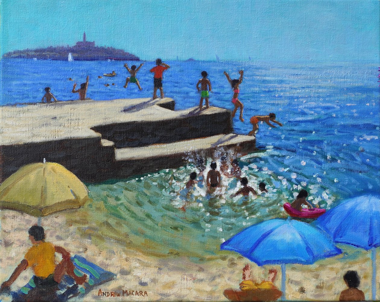 Hoppar i havet, Rovinj, Kroatien, 2024 (olja på duk) av Andrew Macara