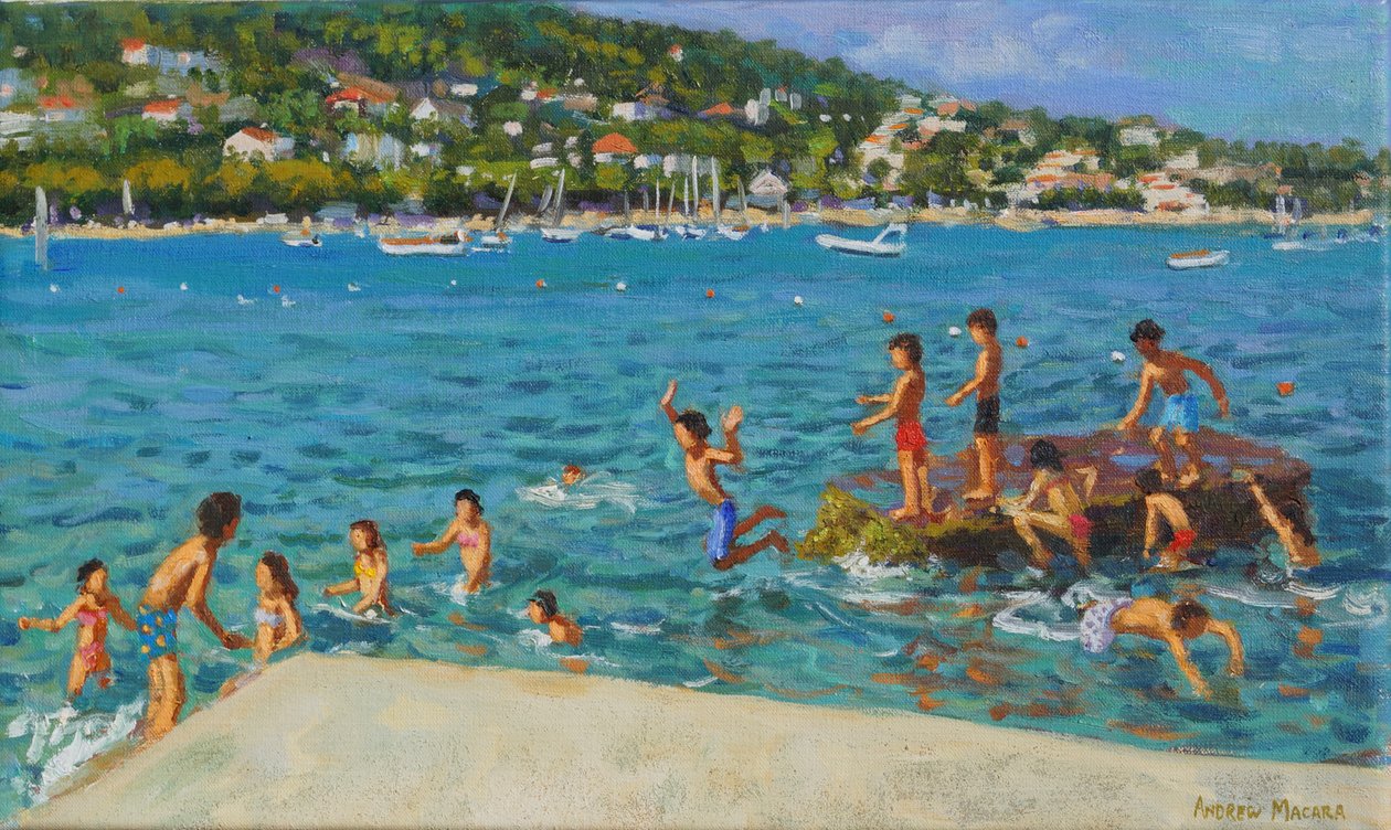 Hoppa från klipporna; Cinque Terre, Positano, Italien, 2000 (olja på duk) av Andrew Macara