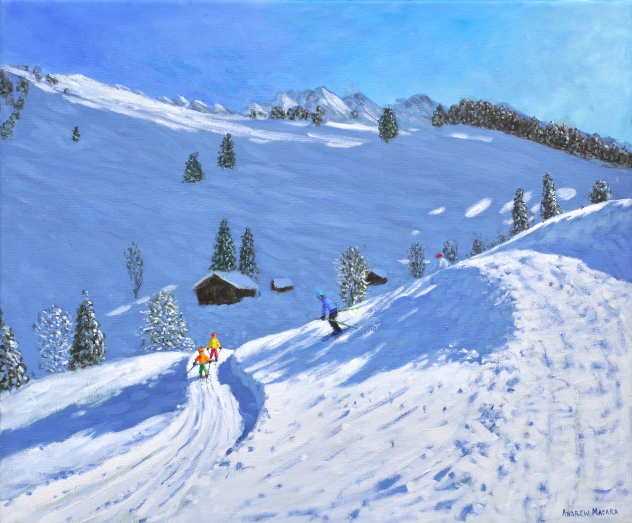 Morning Ski, La Clusaz, Frankrike, 2018 (olja på duk) av Andrew Macara