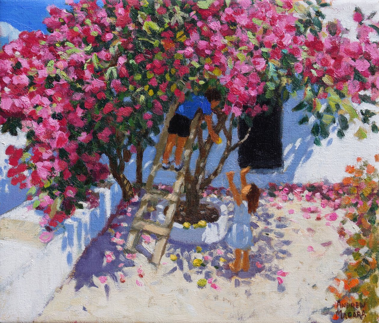Plocka citroner, Skiathos, Grekland, 2021, (olja på duk) av Andrew Macara