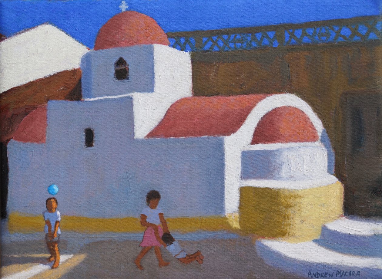 Spelar vid kyrkan, Karpathos, Grekiska öarna, (olja på duk) av Andrew Macara