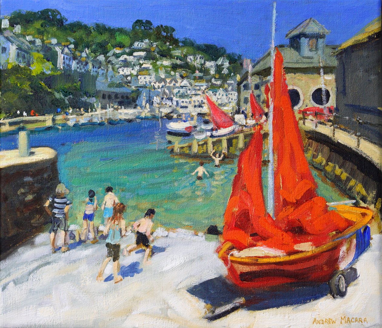 Playing in the harbour, Looe, Cornwall, 2012 (olja på duk) av Andrew Macara