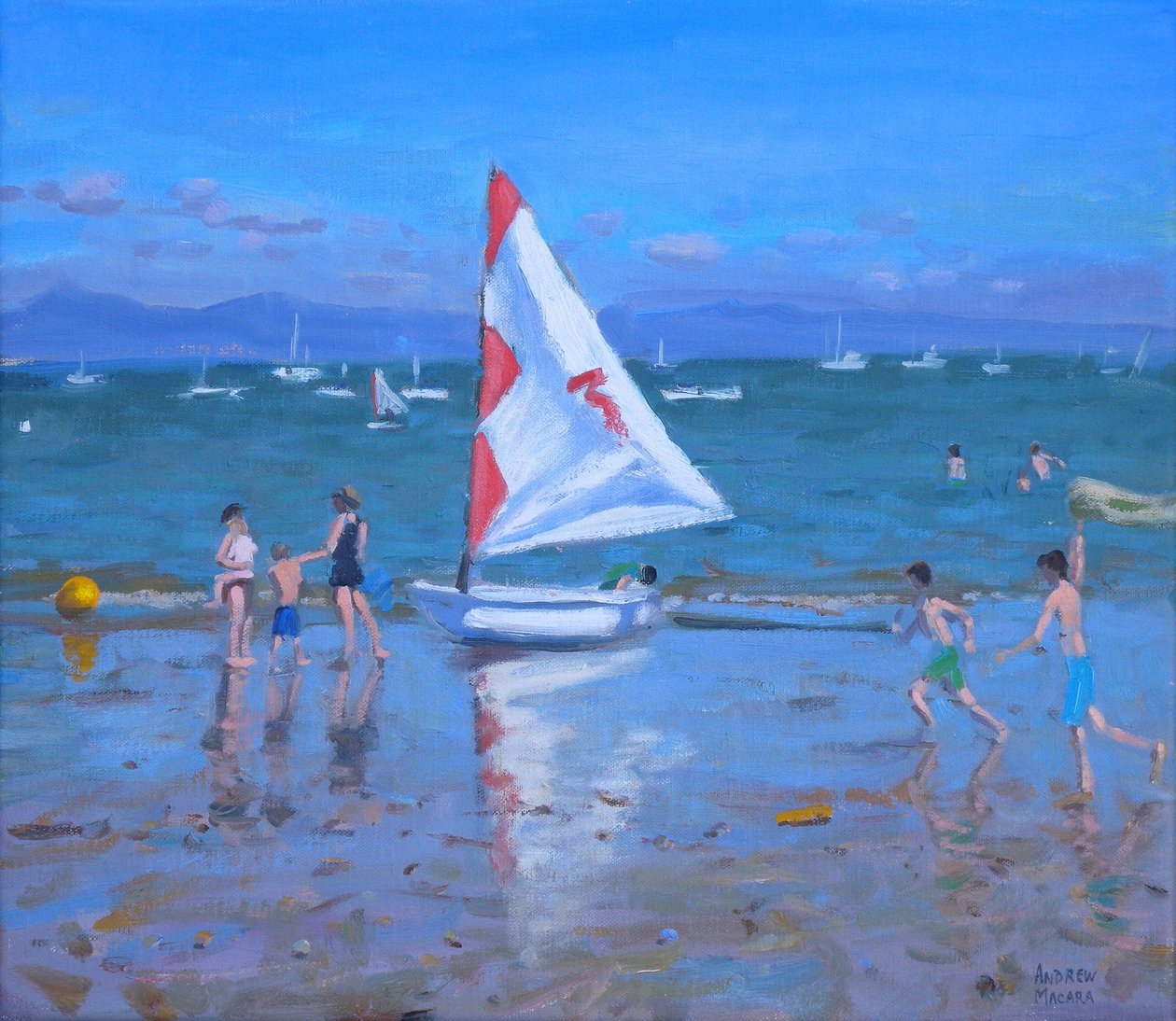 Röd och vit segelbåt ,Abersoch (olja på duk) av Andrew Macara