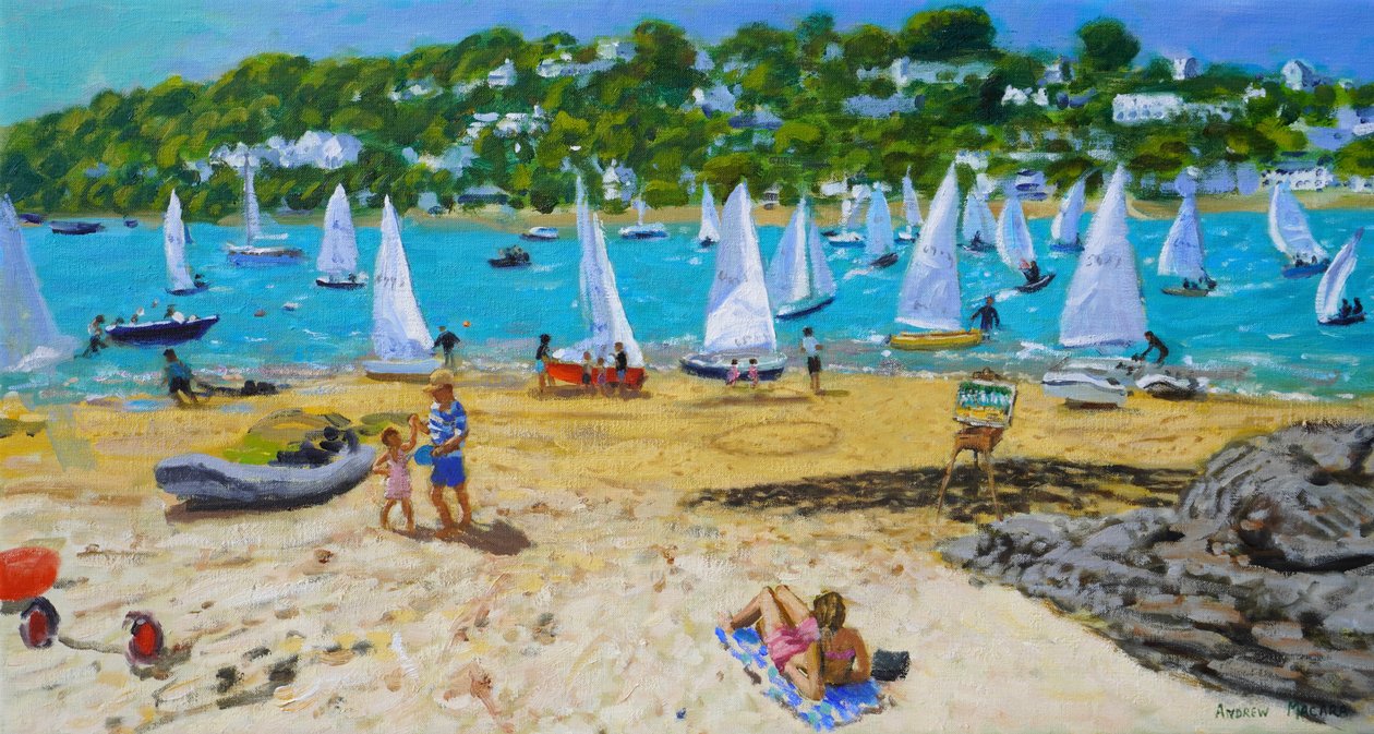 Salcombe Regatta och konstnärsstaffli, 2023 (olja på duk) av Andrew Macara
