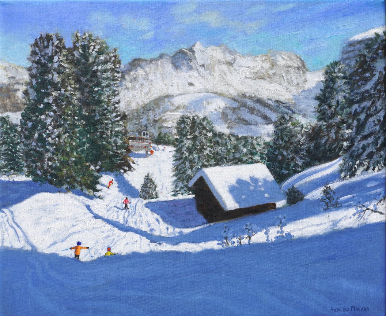 Skidstuga, Samoens, Grand Massif, Frankrike, 2023 (olja på duk) av Andrew Macara