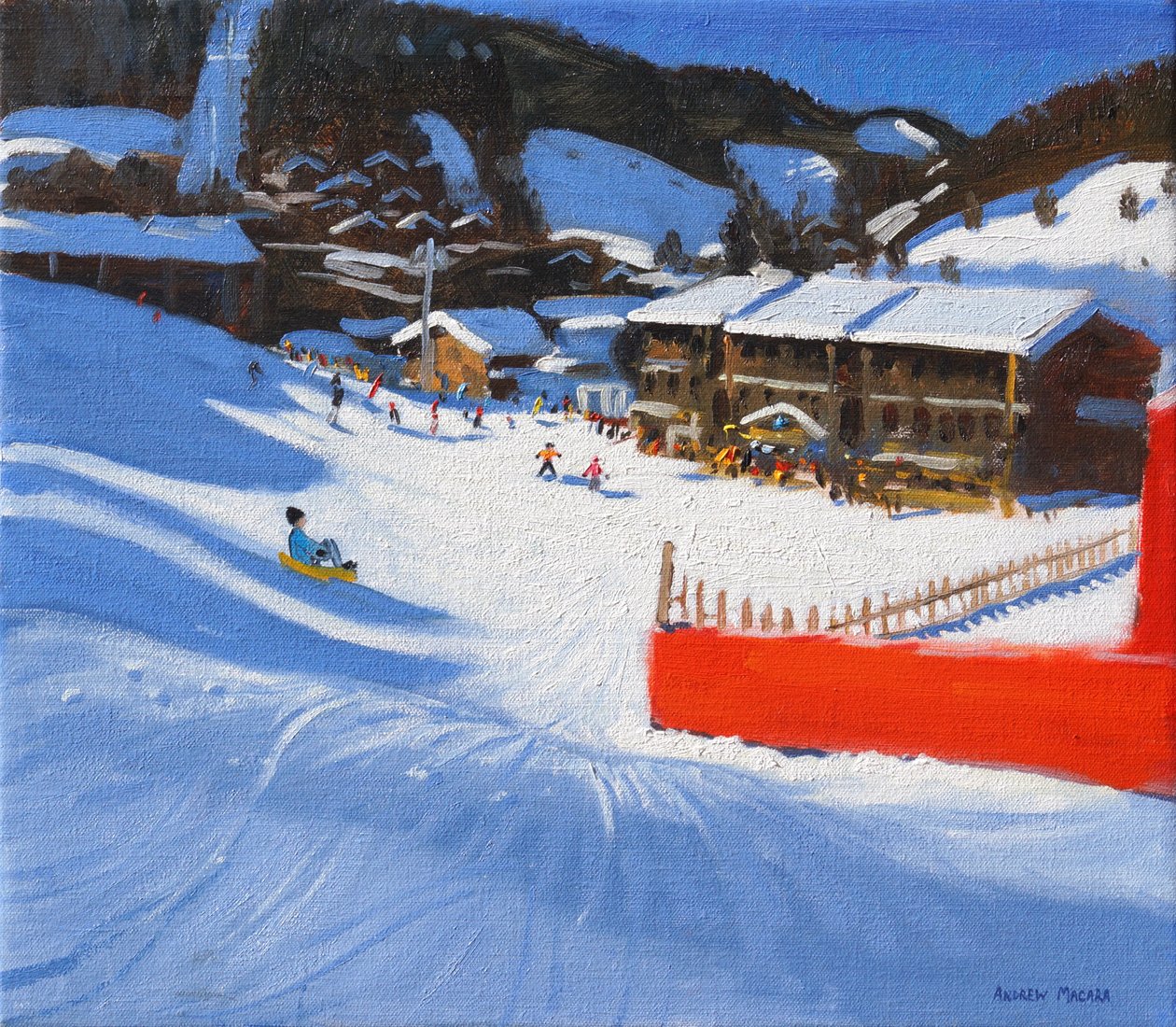 Skidåkning; La Clusaz, Frankrike, (olja på duk) av Andrew Macara