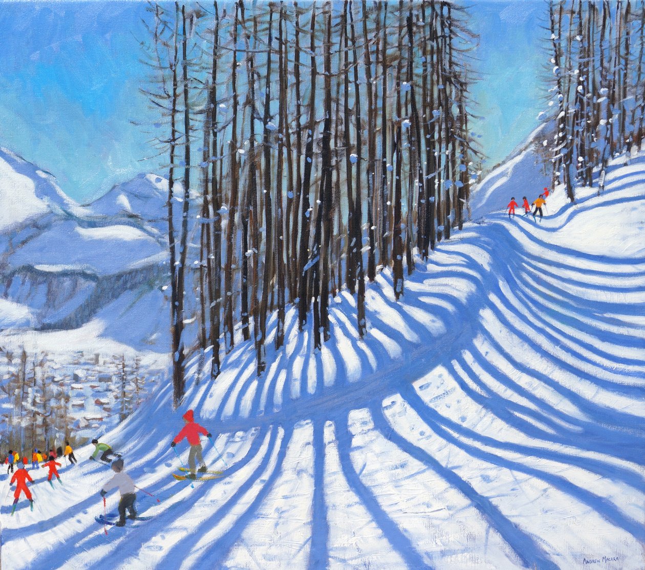 Skidåkning, La Daille, Tignes, Frankrike. 2015, (olja på duk) av Andrew Macara