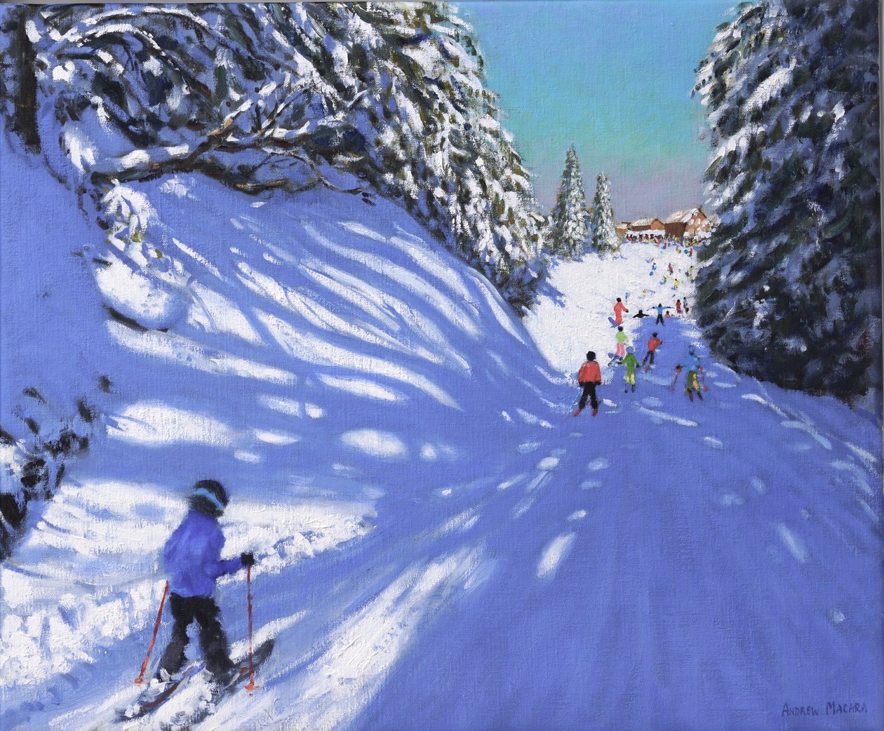 Skidåkning, Samoens, Grand Massif, Frankrike, 2021 (olja på duk) av Andrew Macara