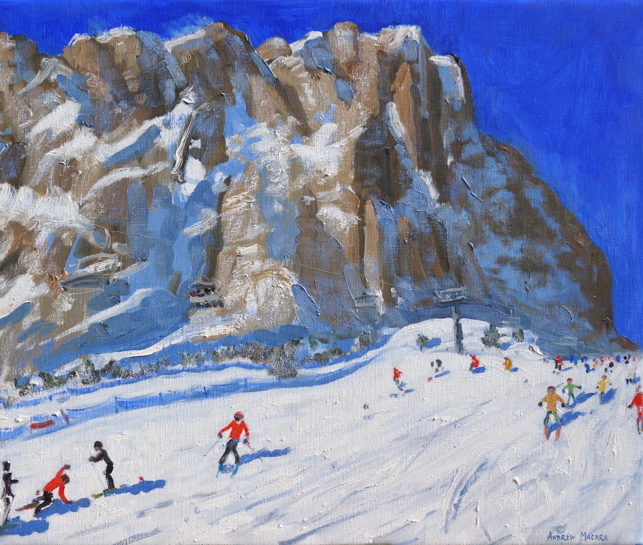Skidor nerför berget,Selva Gardena, (olja på duk) av Andrew Macara