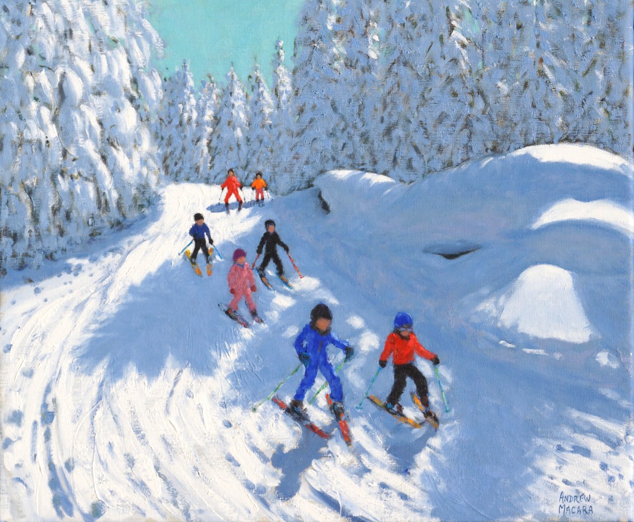 Åka skidor längs leden ,Courchevel ,2018,(olja på duk) av Andrew Macara