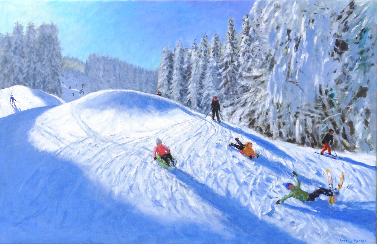 Skidåkning i Morzine, Frankrike, 2023 (olja på duk) av Andrew Macara