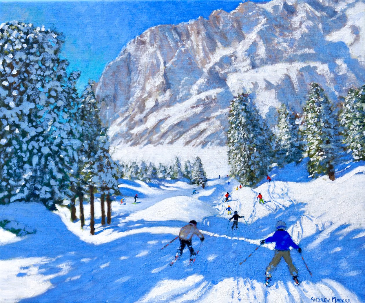 Skidåkning mot Dolomiterna, Val Gardena, Italien, 2022 (olja på duk) av Andrew Macara