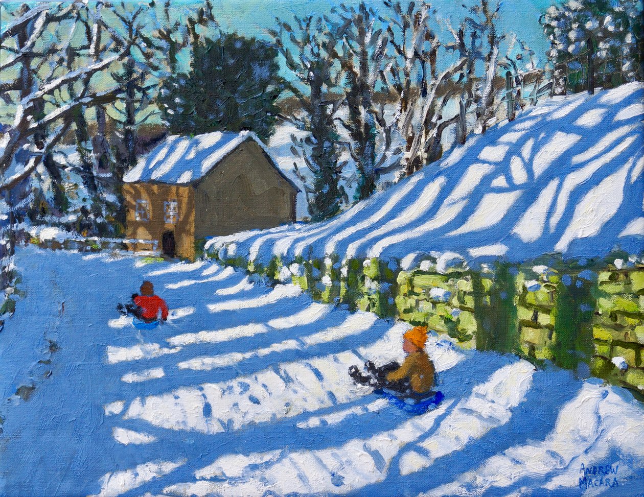 Sledging, Upper Hulme, Purjolök, 2020, (olja på duk) av Andrew Macara