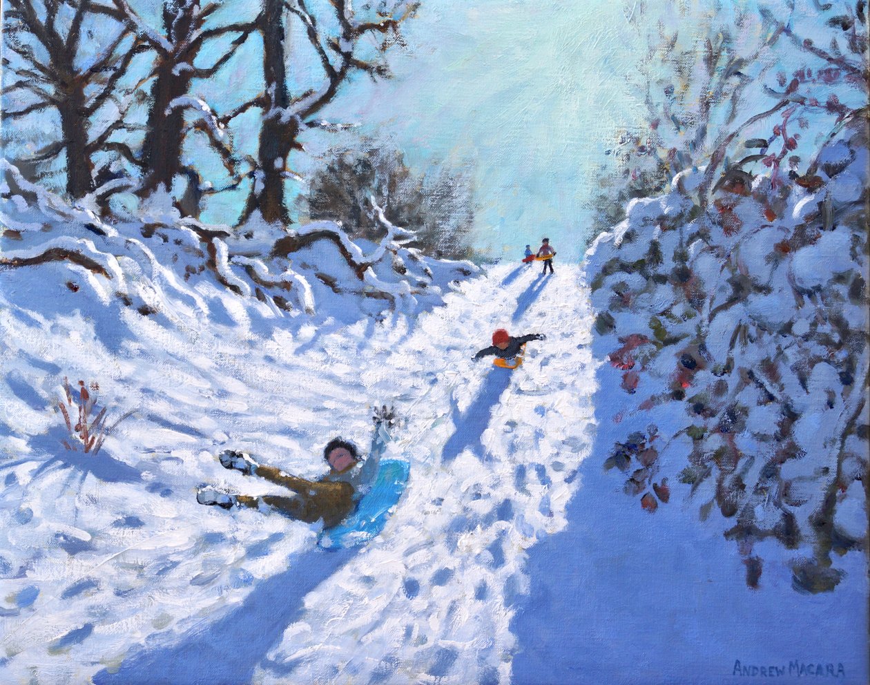 Sledging, Calke Abbey, Ticknall, Derby, 2021 (olja på duk) av Andrew Macara