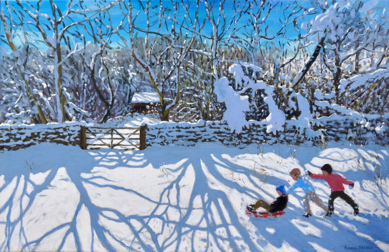 Sledging, Gambols Lane, Dovehead, High Peak, Derbyshire, 2021 (olja på duk) av Andrew Macara