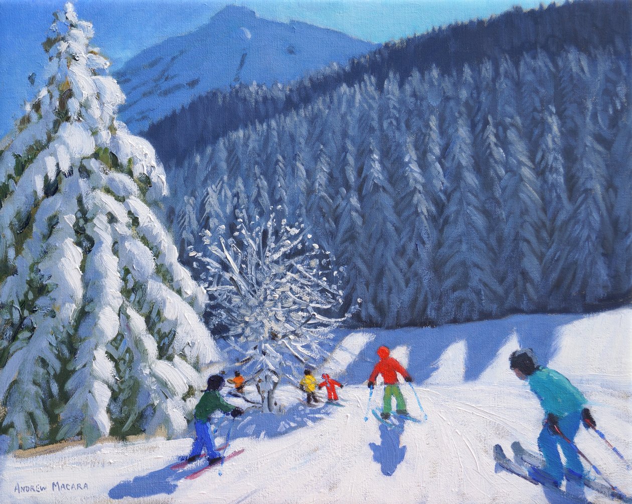 Snötäckta träd, La Clusaz, Frankrike, 2015, (olja på duk) av Andrew Macara