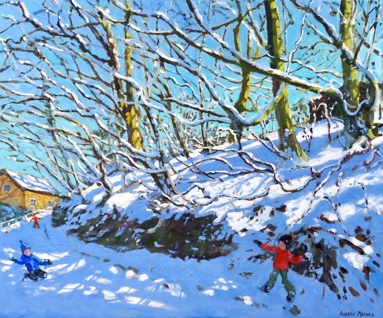 Snowballing, Upper Hulme, Staffordshire, 2020, (olja på duk) av Andrew Macara