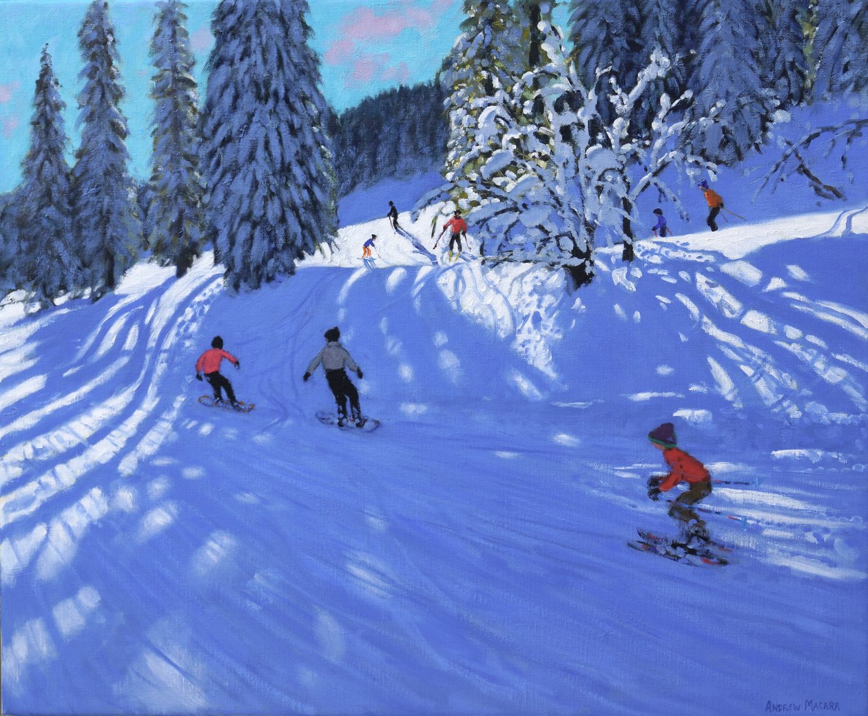 Snowboardåkare och skidåkare, Morzine, Frankrike, 2022 (olja på duk) av Andrew Macara