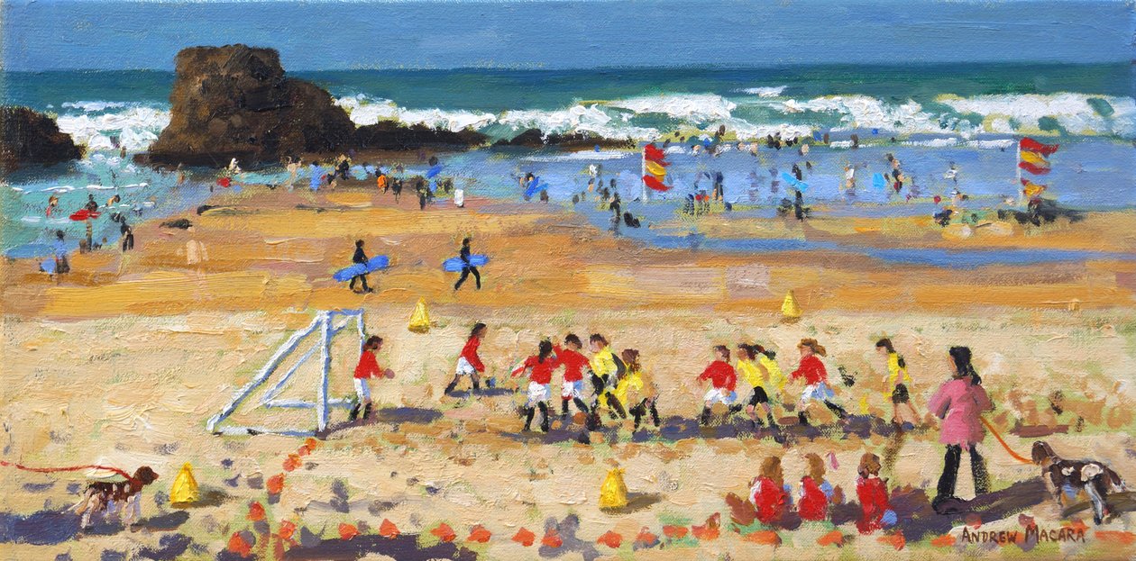 Sportdag, Perranporth, 2017, (olja på duk) av Andrew Macara