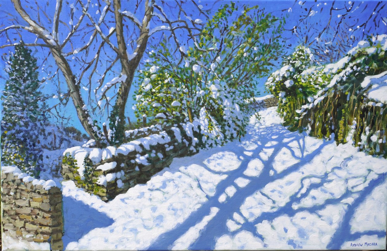 Vårsnö, Wirksworth, Derbyshire, 2023 (olja på duk) av Andrew Macara