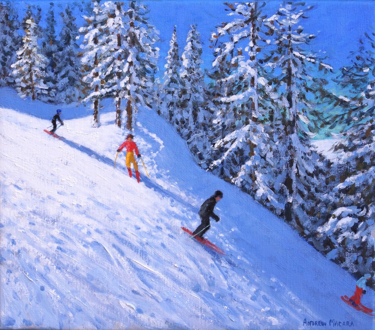 Brant sluttning, Les Arcs, Frankrike, (olja på duk) av Andrew Macara