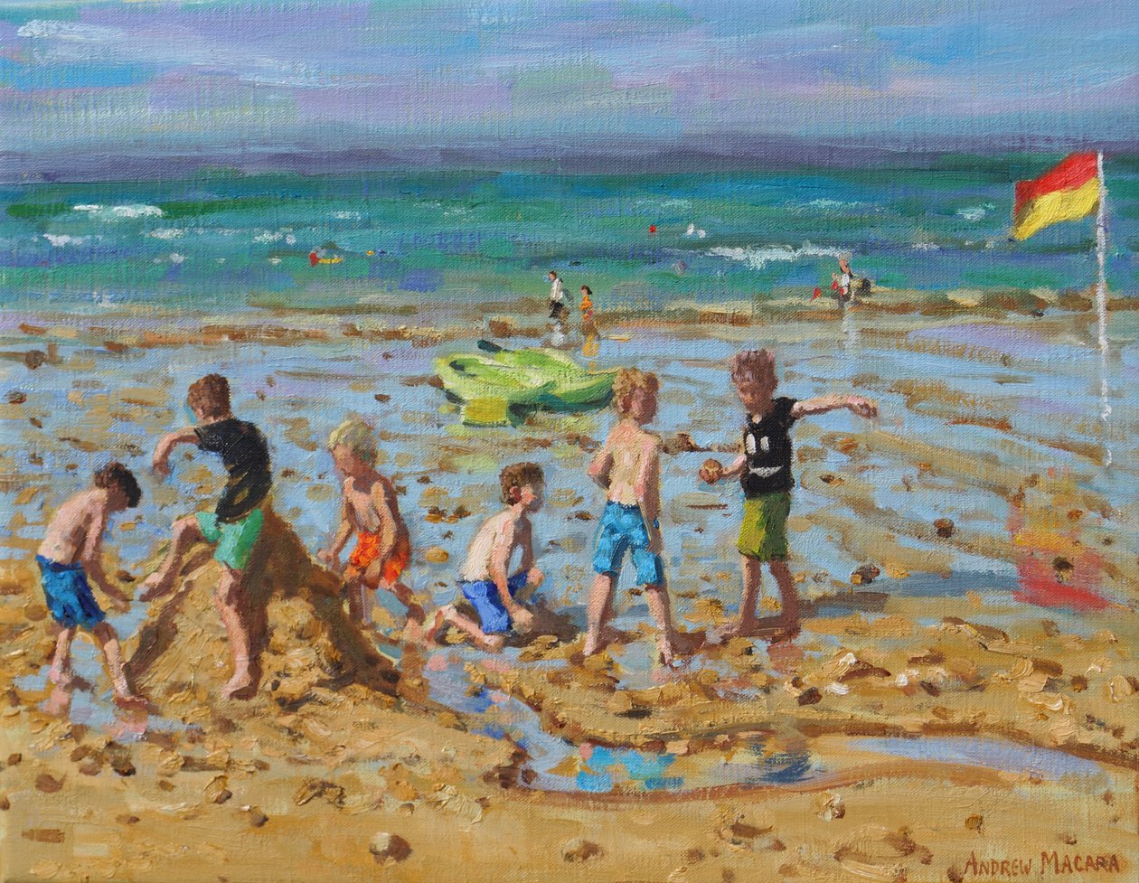 Sandslottet, Wells-next -the- sea, Norfolk, 2019, (olja på duk) av Andrew Macara