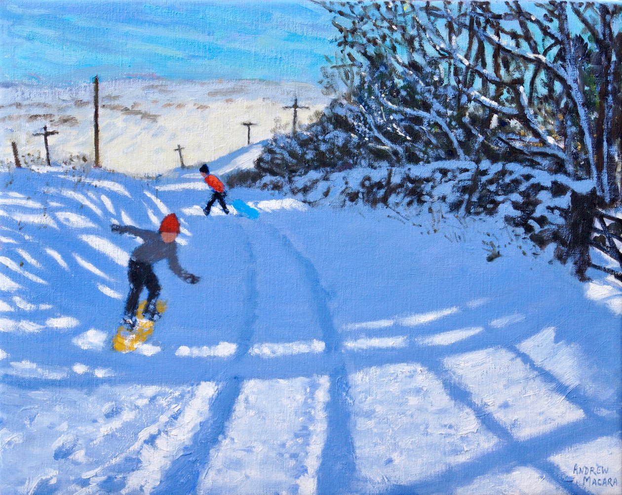 Snowboardåkaren, Dove Head, Derbyshire, olja på duk) 2021 av Andrew Macara