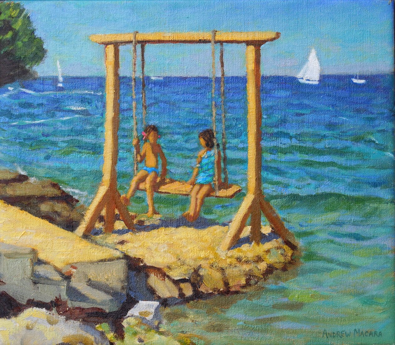 Gungan, Funtana, Vrsar, Kroatien. 14x16" 2019 (olja på duk) av Andrew Macara