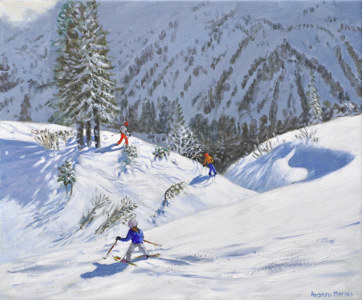 Tre skidåkare, Kitzbuehel, Österrike, 2024 (olja på duk) av Andrew Macara