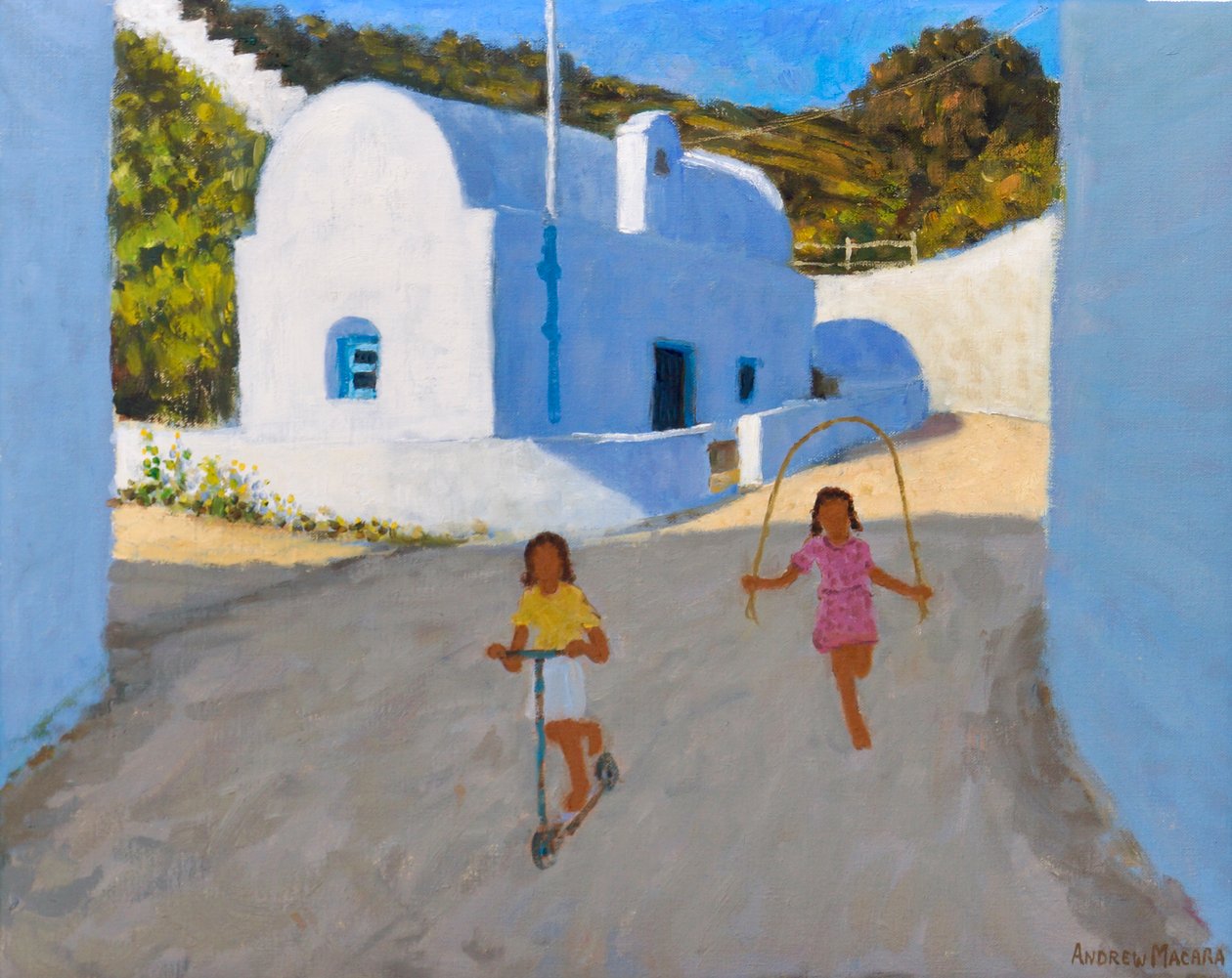 Två flickor, Klima, Milos, 2022 (olja på duk) av Andrew Macara