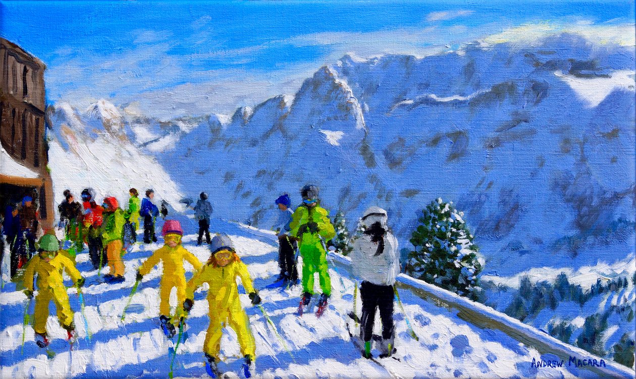 Unga skidåkare i gult, Val Gardena Italy.12x20 av Andrew Macara