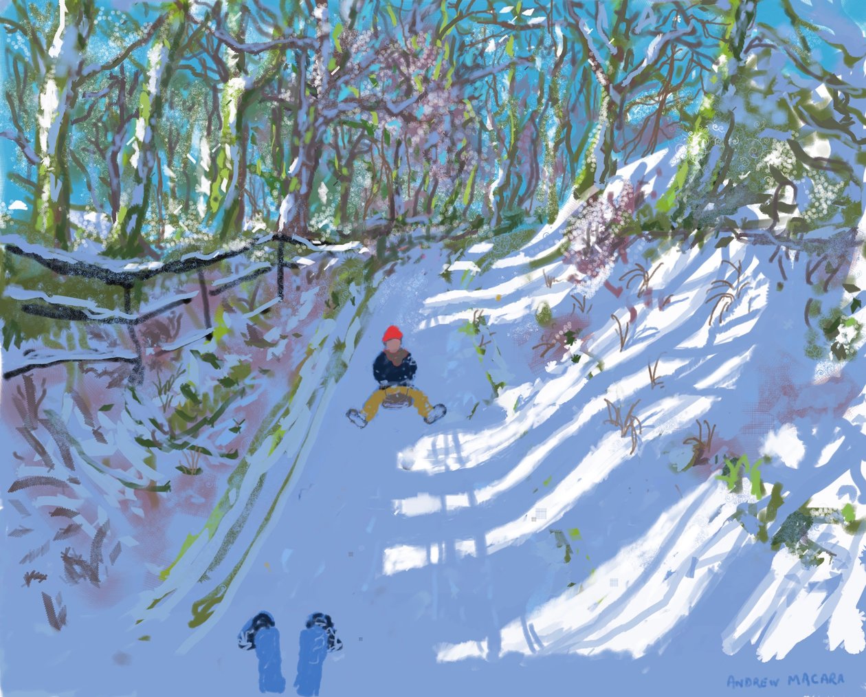 iPad-målning, Sledging, Windley Lane, Idridgehay, Belper, 2021, Utskrifter tillgängliga. av Andrew Macara