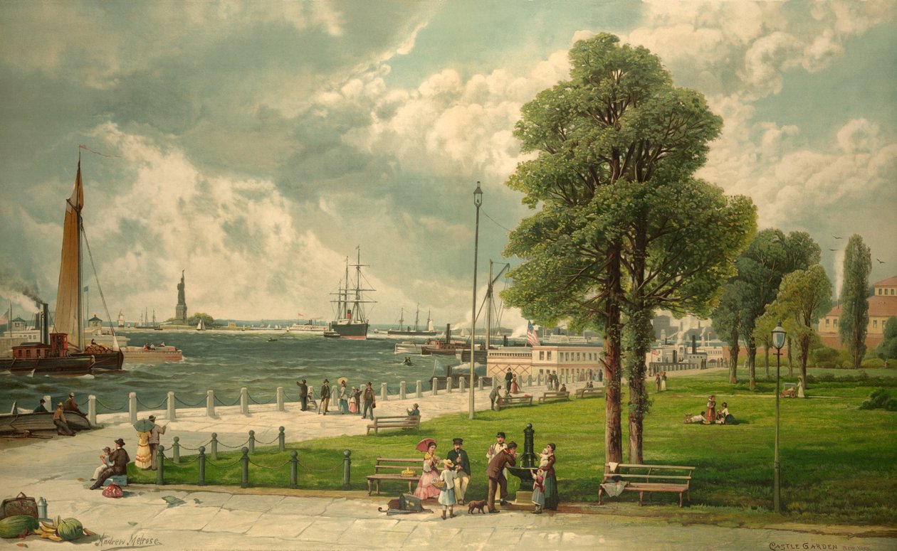 Castle Garden, New York, pub. 1887 (färglitografi) av Andrew Melrose