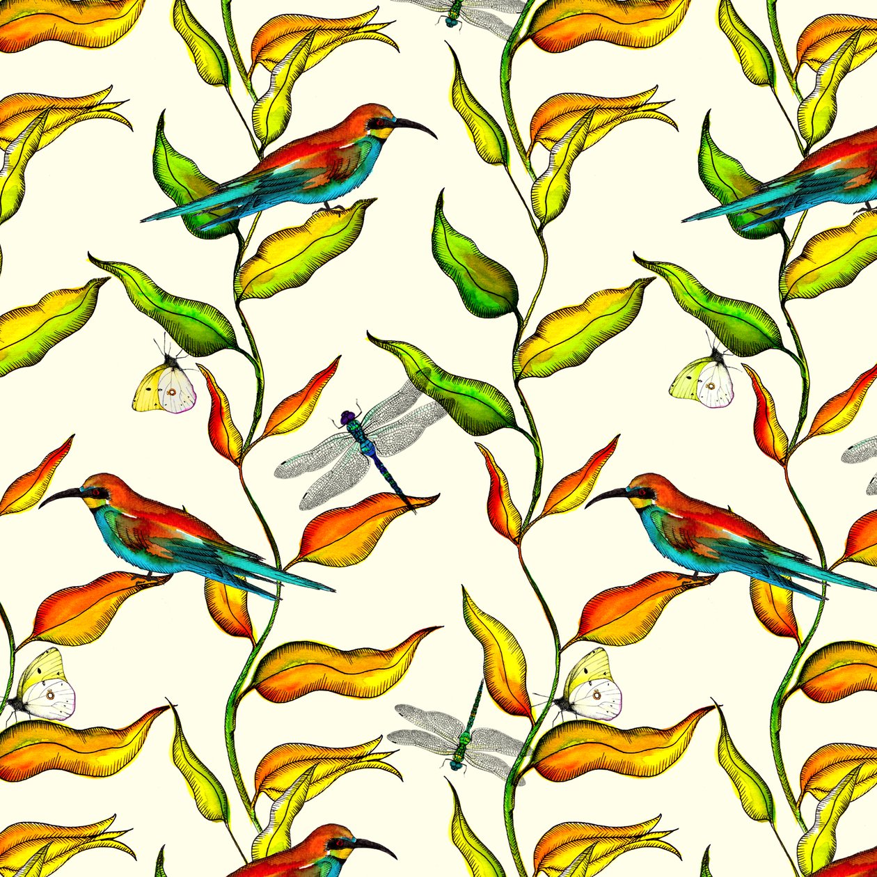 Bee Eaters, 2017, akvarell och bläck av Andrew Watson
