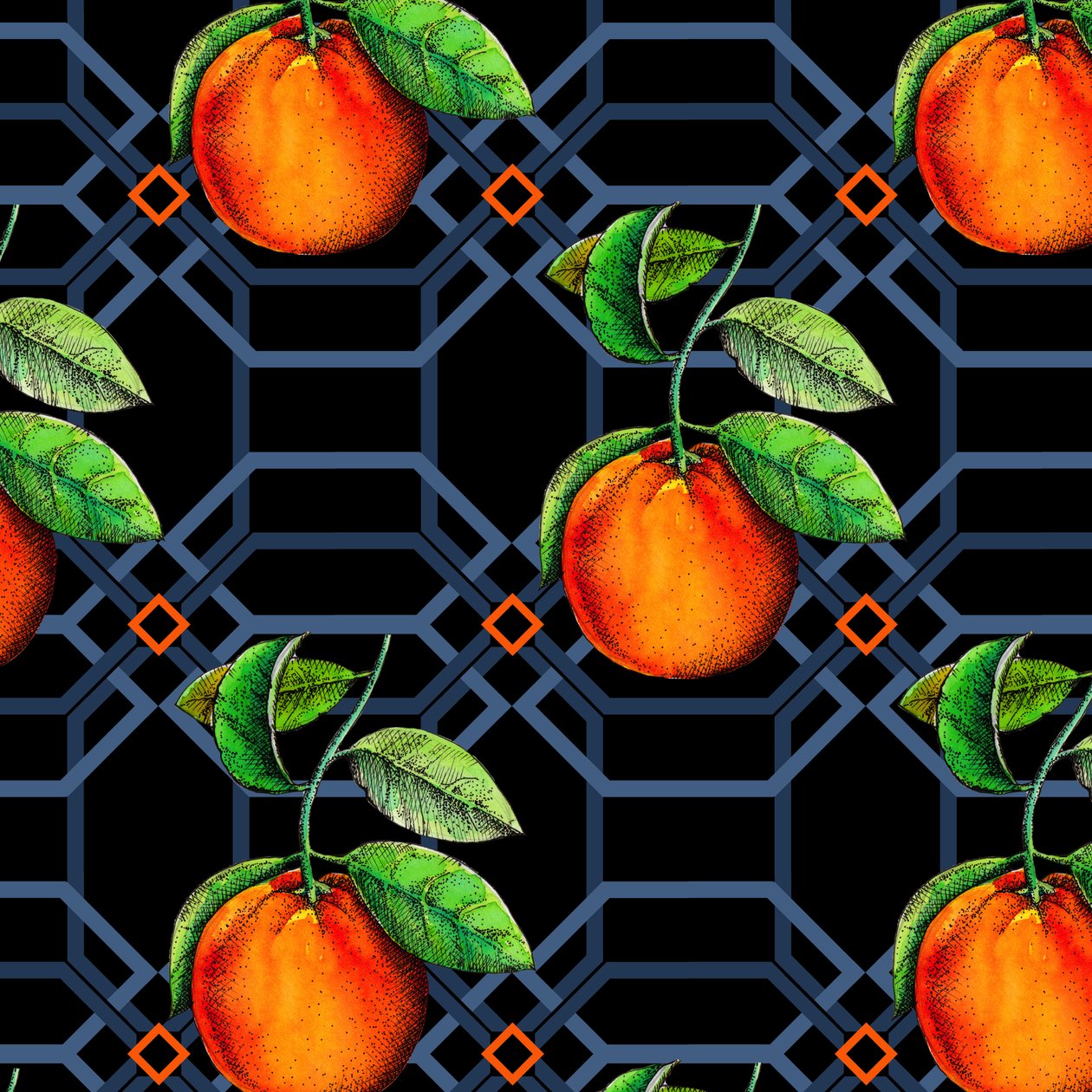 Orange geometrisk, 2018, penna och bläck, akvarell, digital) av Andrew Watson
