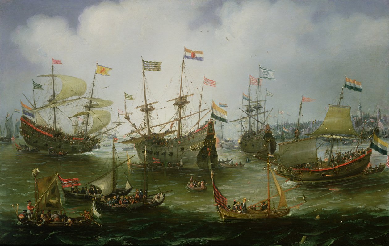 Återkomsten till Amsterdam av den andra expeditionen till Ostindien den 19 juli 1599 (olja på koppar) av Andries van Eertvelt