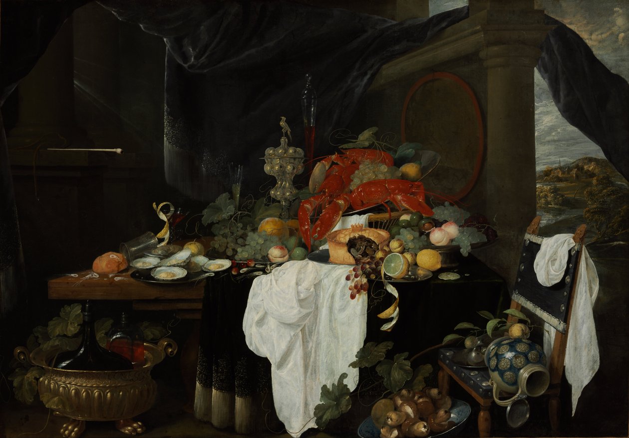Ett Pronk-stilleben med frukt, ostron och hummer av Andries Benedetti