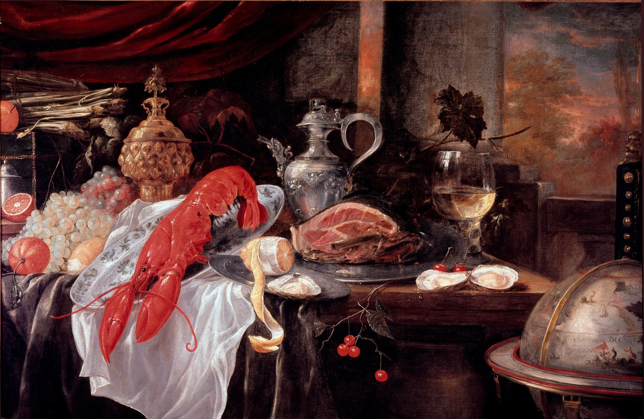 Stilleben med hummer, skinka, silvermålning av Andrea Benedetti (1620-?) Faenza, Municipal Art Gallery av Andries Benedetti