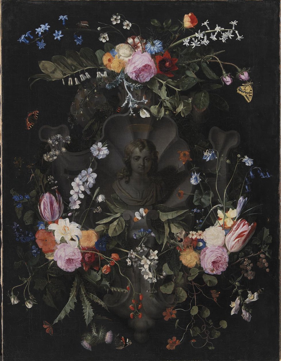 Kartusch med byst av Kristus omgiven av en krans av blommor av Andries Bosman