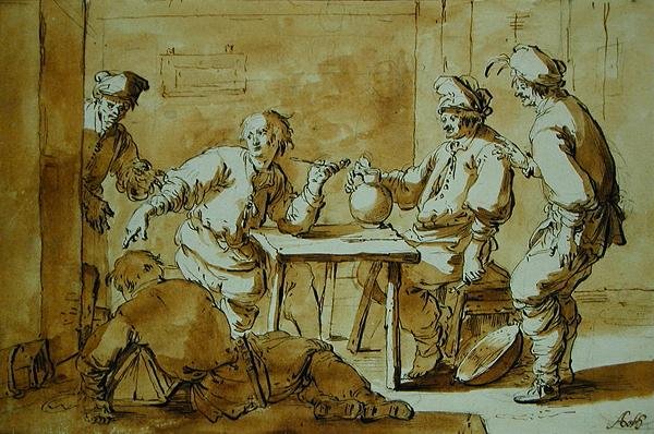 In the Bar, 1633 (penna och bläcktvätt på papper) av Andries Both