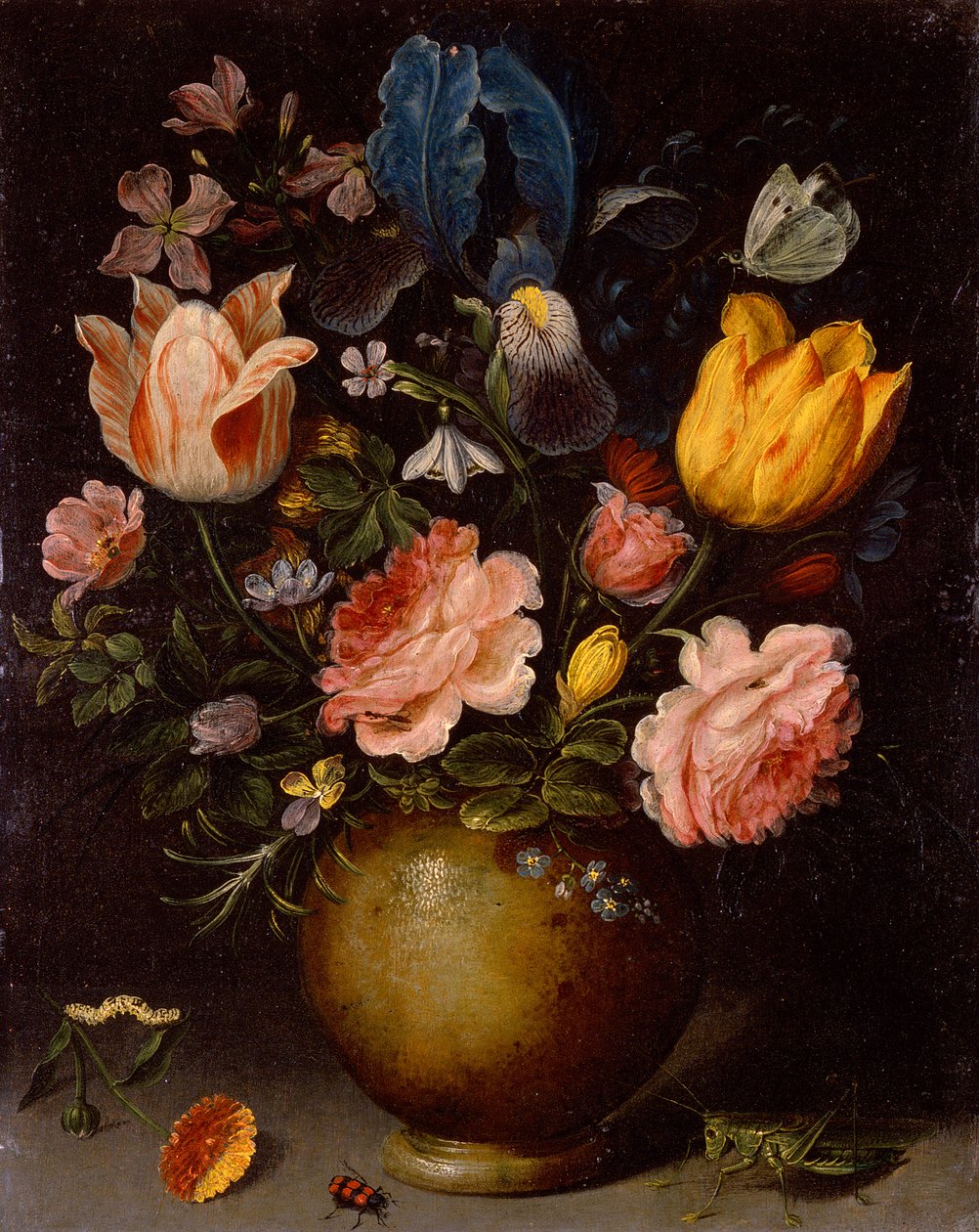 Blomstudie med insekter (olja på koppar) av Andries Daniels
