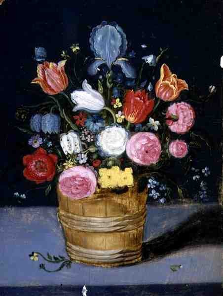 Stilleben av blommor i en träbalja (olja på panel) av Andries Daniels or Danielsz