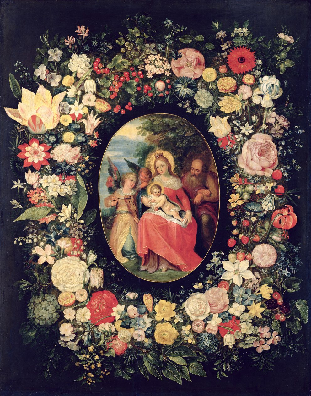 aThe Holy Family Framed by a Garland of Flowers,  av Andries Daniels or Danielsz
