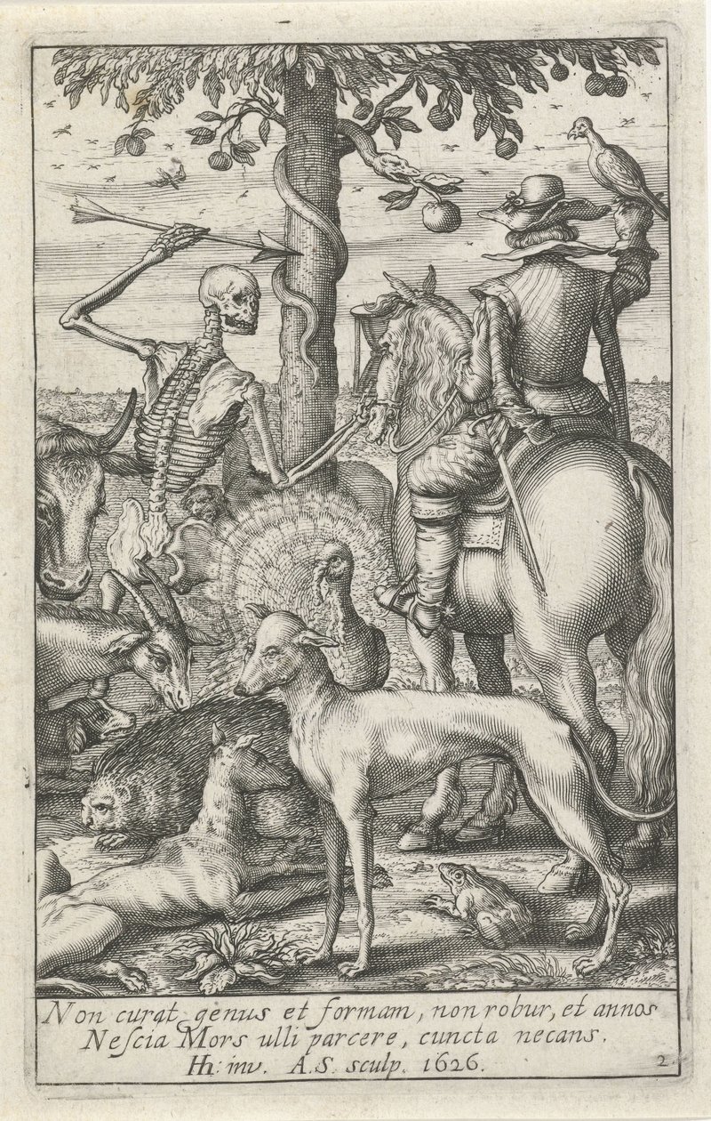 Skelett med pil och falkonerare, mitt bland djur Animal Skeletons (serietitel) av Andries Jacobsz. Stock