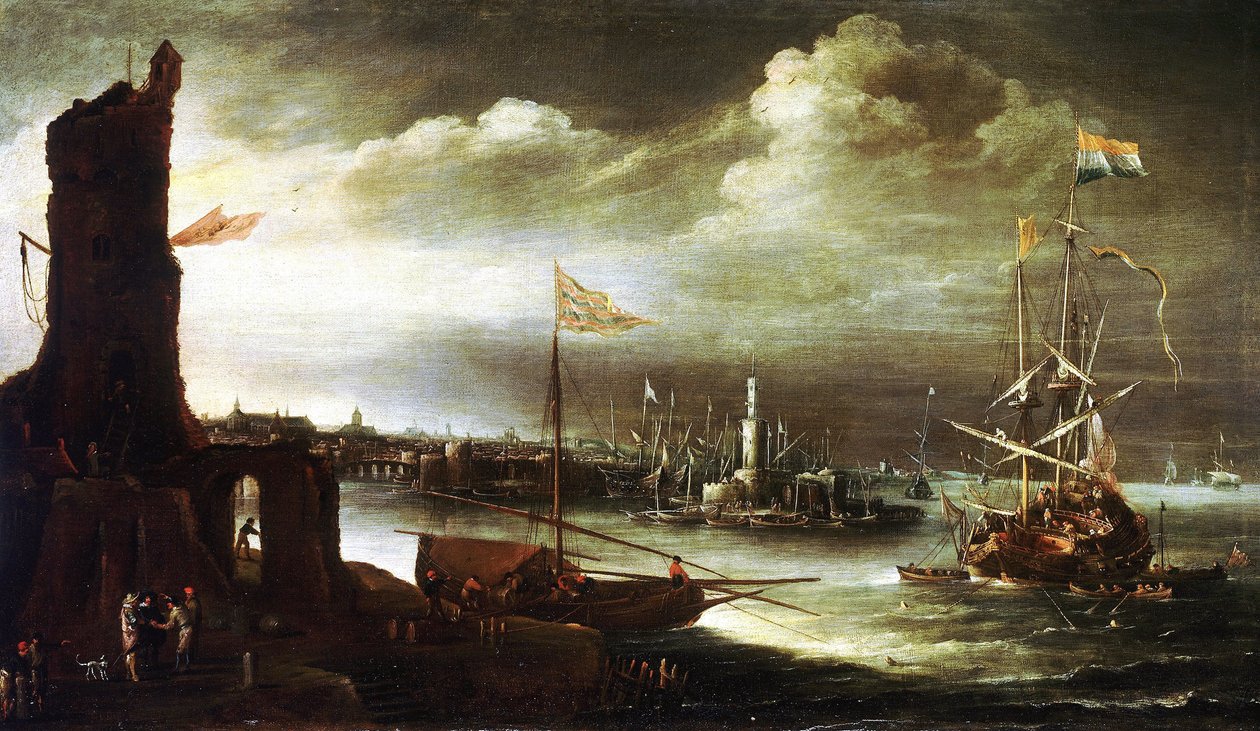 Ett holländskt fartyg ankrat framför hamnen i Genua (Italien) av Andries van Eertvelt