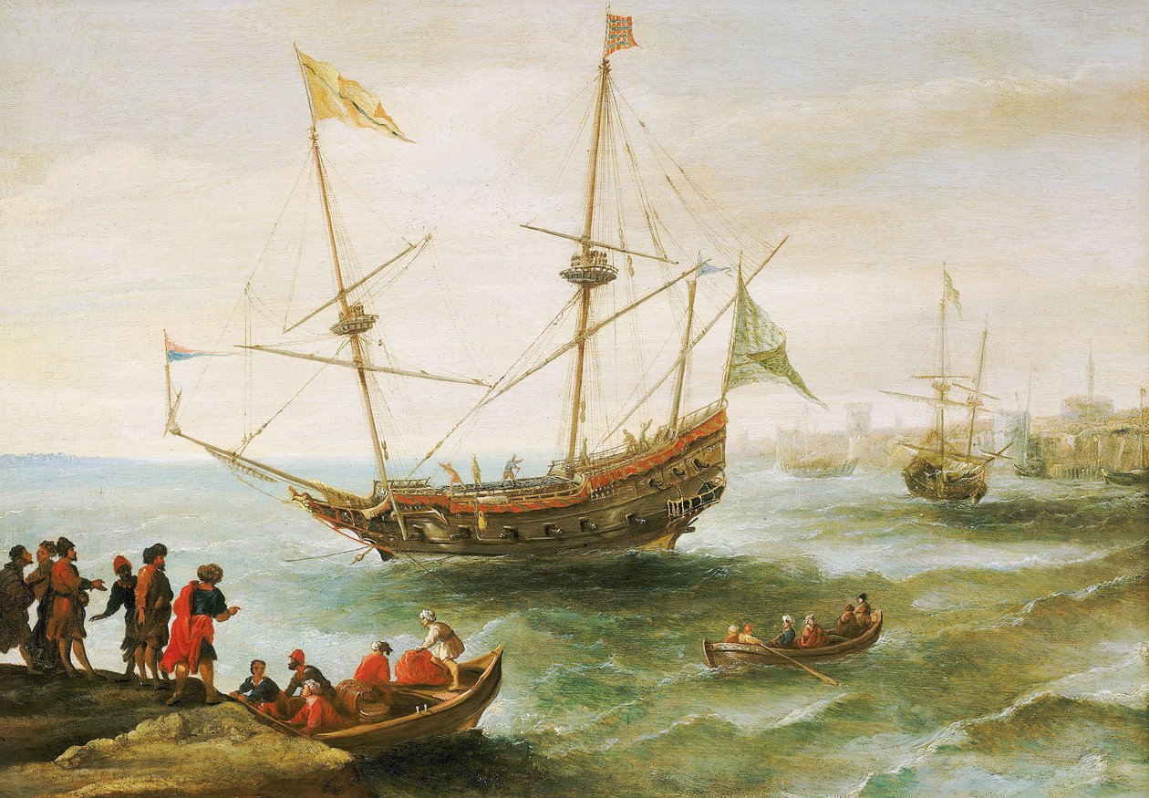 En algerisk båt ankrar i en hamn i Barbariet (namn som européerna gav Nordafrikas kust från 1500-talet till 1800-talet). Oljemålning av Andries van Eertvelt (1590-1652). av Andries van Eertvelt