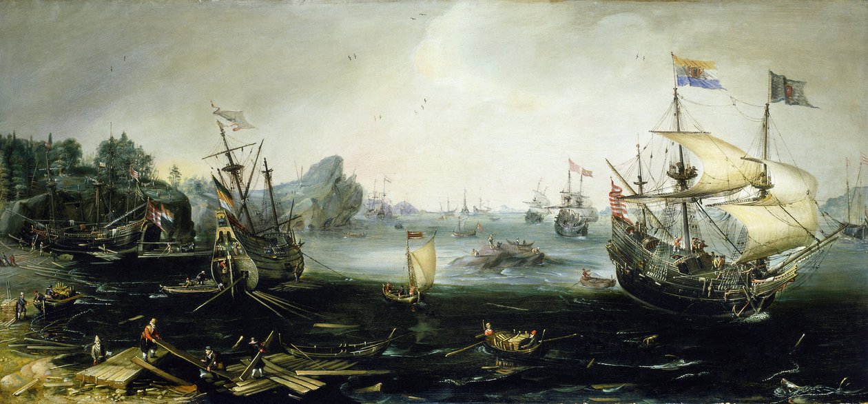 Holländska fartyg lastar en last av trä i en skandinavisk fjord. Oljemålning, av Andries van Eertvelt (1590-1652). av Andries van Eertvelt