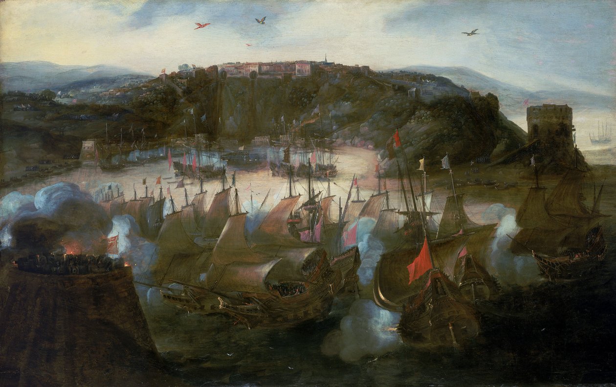 Den nederländska flottans attack mot San Salvador (eller Bahia, nuvarande Salvador, Brasilien) 1624 av Andries van Eertvelt