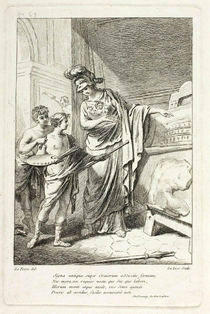 Minerva Teaching a Young Artist, illustration för Catalog historique du Cabinet av Mariette av Ange Laurent de Lalive de Jully
